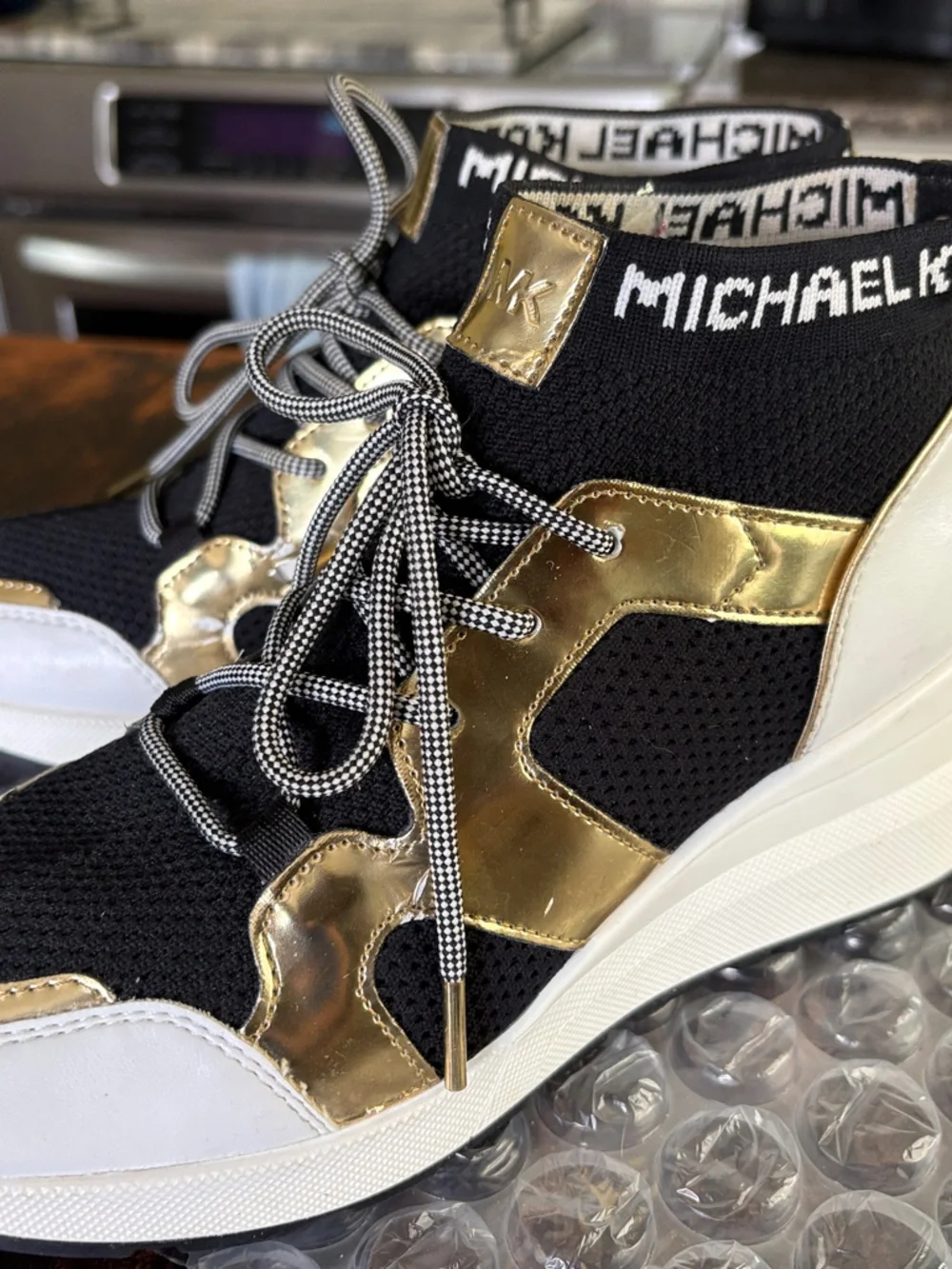 Michael Kors Black, Gold and White Knit Wedge Sneakers